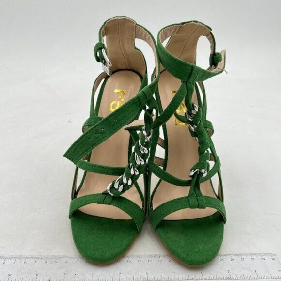 FSJ Green Trendy Studded Toe Gold Chain High Heel T-Strap Ankle Strap Shoes - Picture 2 of 7
